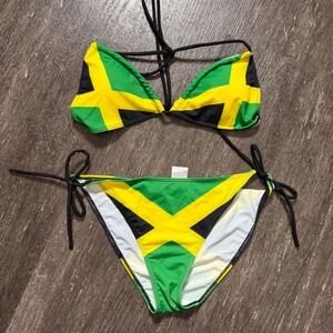 Unbranded Jamaica Flag Bikini Women XL Green Yellow Black Triangle Side Tie Set